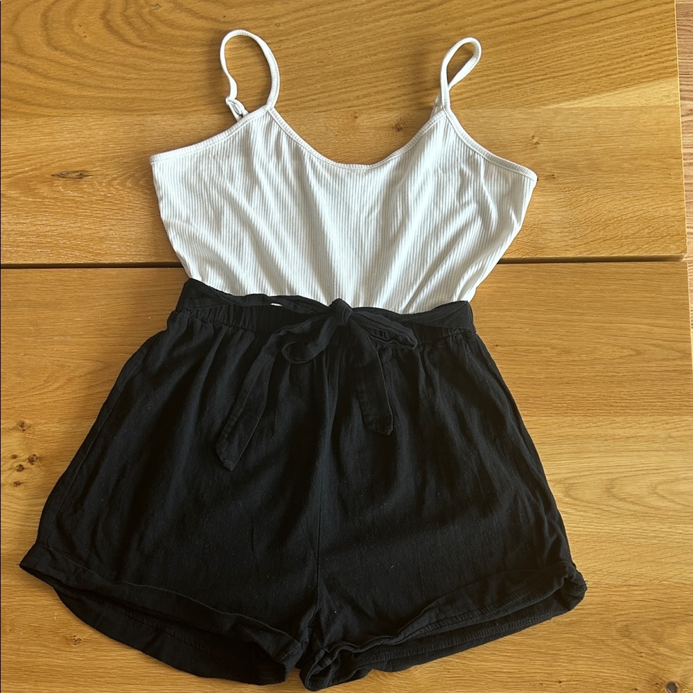 White Ribbed Tank Top and Black Shorts romper
